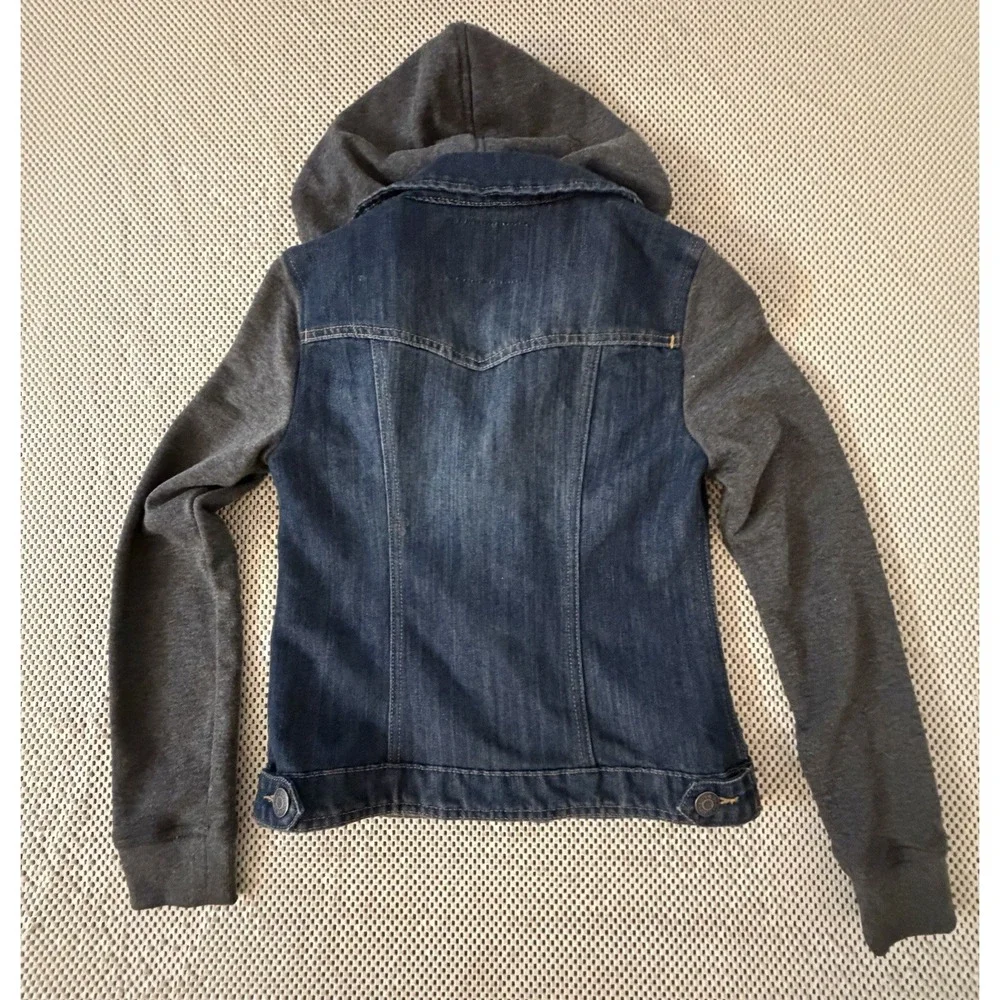 GUESS Jean Jacket Sz S/XS Denim Knit Sleeves Hood Hoodie Y2K Trucker Moto Y2K